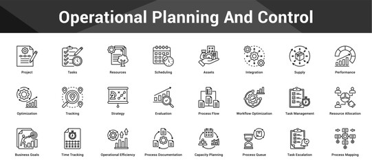 Operational Planning And Control Cohesive set of minimalist vector icons representing key ideas with visual clarity