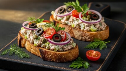 A delicious serving of tuna salad on toasted bread with fresh vegetables and herbs