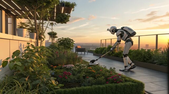 Robot Gardener tending lush rooftop plants at sunset with cityscape background in cinematic style...