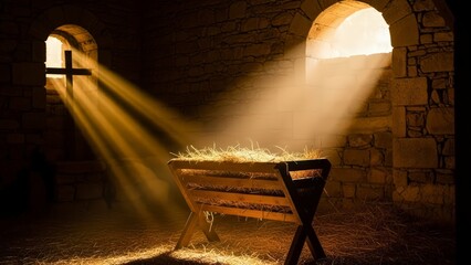 A serene manger scene with divine light shining through stone archways and a cross