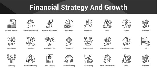 Financial Strategy And Growth Cohesive set of minimalist vector icons representing key ideas with visual clarity