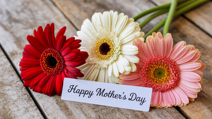 Happy mother's day card with three gerbera daisies on a wooden table