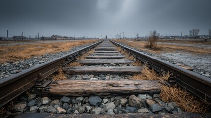 Old railway tracks lead through a dry landscape on a cloudy day