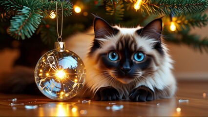 close cat blue eyes sitting under christmas tree cat ragdoll breed white black fur blue eyes looking directly camera curious expression front cat golden christmas bauble hanging gold chain bauble