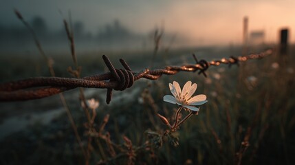 Rusted barbed wire fence holds wildflower in the foreground during early morning light near a quiet field