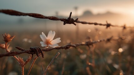 Rusted barbed wire fence holds a single flower against a foggy background in the morning light