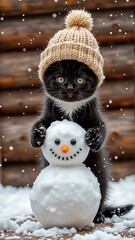 photograph black kitten wearing knitted beanie pom pom top kitten standing its hind legs holding onto snowman its front paws snowman white snow has orange carrot nose two black eyes background wooden