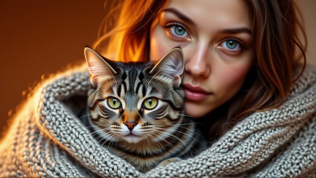 close portrait young woman long brown hair blue eyes she wearing gray knitted scarf around her neck looking directly camera serious expression her face front her tabby cat green eyes peeking out - Powered by Adobe