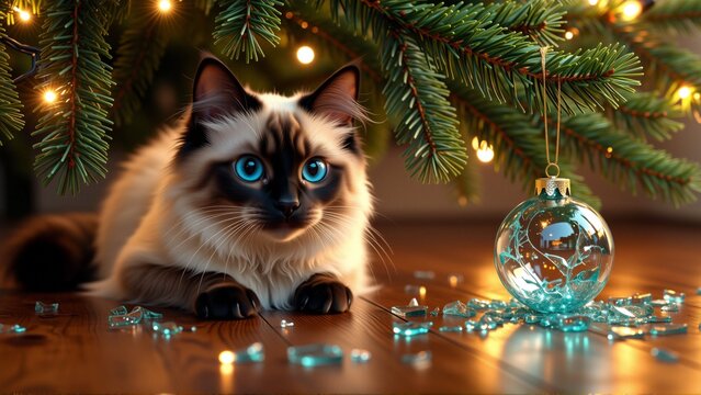 digital illustration cat sitting under christmas tree cat ragdoll blue eyes lying wooden floor looking directly camera curious expression tree decorated small lights blue bauble hanging one its - Powered by Adobe
