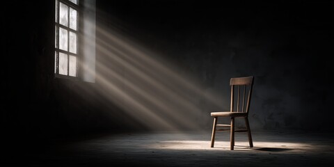 Vintage wooden chair stands alone in a large room with rays of light coming through a window during the day