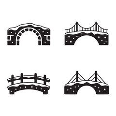 Snowy old style bridge silhouette vector icon for winter landscape