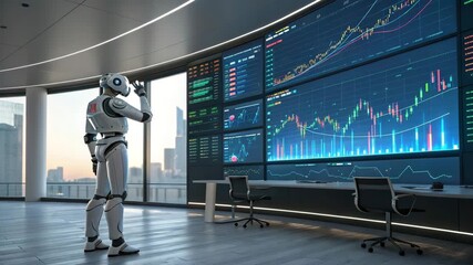 Robotic Analyst Gazes at Stock Market Data Displays, Reflecting on Financial Trends in Modern Office | Cinematic Visuals - Powered by Adobe
