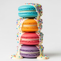 A stack of colorful macarons with white frosting and sprinkles on a plain background