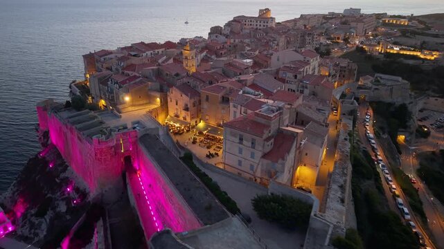 charming seaside sunset, peaceful seaside settlement at dusk with historic structures and dreamy. Bonifacio. France