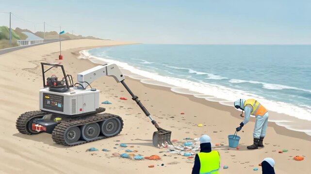 Robotic Beach Cleaner and Worker Collect Trash, Isometric View, Bright Daytime Lighting, Environmental Cleanup Concept, Vector Art