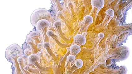 A microscopic view of a yellow fungus with white spores on transparent background