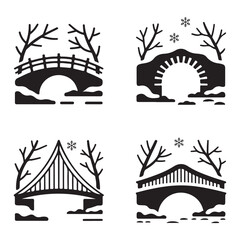Snowy stone arch bridge silhouette vector illustration for winter landscape