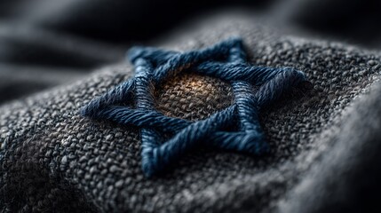 Close look at blue Star of David on textured fabric with detailed stitching
