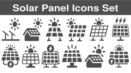 Obraz premium Set of solar panel editable icons representing clean energy, photovoltaic systems and sun-powered electricity. Solid vector icons collection 