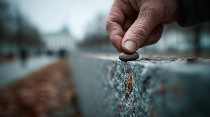 Hand places a small smooth stone onto a grey surface in a public area during daylight hours
