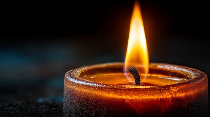 Bright flame burns steadily from a candle in a dark setting at night