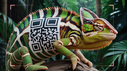 QR Code Chameleon: A vibrant chameleon, seamlessly integrated with a QR code on its side, symbolizing the fusion of technology and nature, amidst lush foliage.