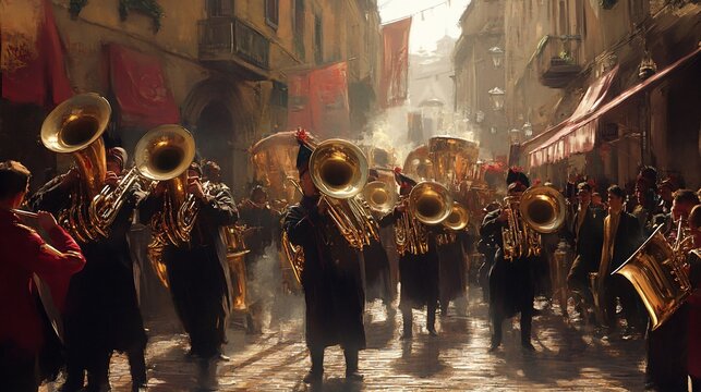 Brass band parade, cobblestone street, historical city, celebratory atmosphere, event background