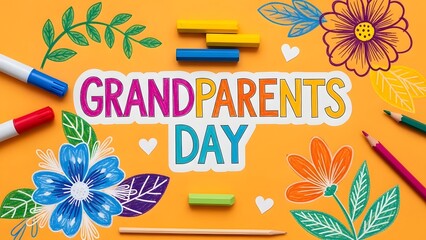 Colorful grandparents day celebration with flowers and crayons on orange background