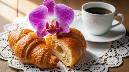 A delicious breakfast setup with croissants, coffee, and a purple orchid on a doily