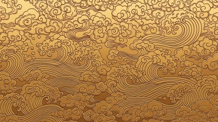A golden abstract artwork featuring swirling wave patterns and clouds