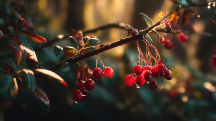 Vibrant red berries on branch at sunrise with dewdrops in autumn forest.