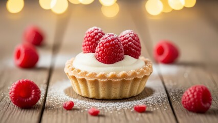 A delicious raspberry tart with white frosting and fresh raspberries on a wooden table with a warm background