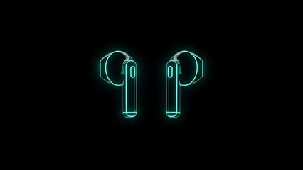 Glowing neon outline of wireless earbuds against a stark black background showcasing modern audio technology and minimalist design