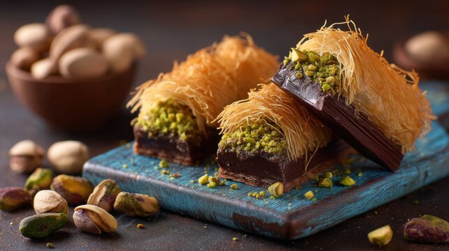 Delicious pistachio chocolate kadaif on rustic wooden board.