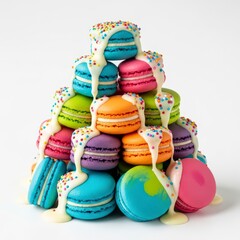 A colorful stack of macarons with white icing and sprinkles on a plain background