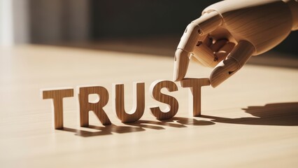 A wooden hand placing the final letter on a block spelling trust on a table