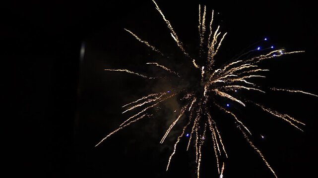Cinematic shot of a firework rocket flying up and exploding into numerous golden sparks against a pitch-black night sky. The video showcases a bright flash and dynamic movement of fiery particles. Per