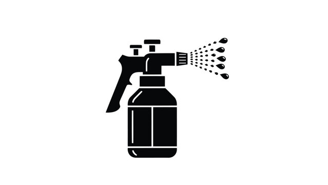 Black silhouette of a spray bottle spraying liquid isolated on white background