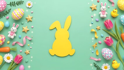 Happy Easter greeting card with white paper cut Easter Bunny isolated background, copy space,  vector illustration
