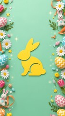 Happy Easter greeting card with white paper cut Easter Bunny isolated background, copy space,  vector illustration