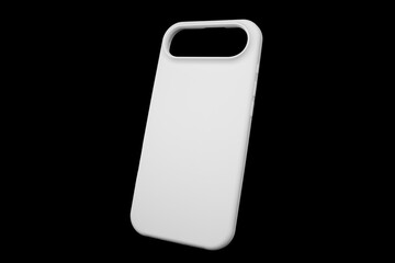 White Mobile phone case isolated on black background. Smart phone case isolated. Modern silicone case for smartphone or phone with cutout for the camera.