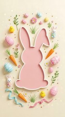 Happy Easter greeting card with white paper cut Easter Bunny isolated background, copy space,  vector illustration