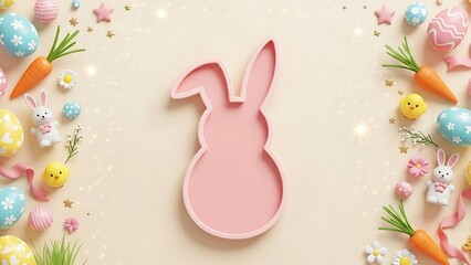 Happy Easter greeting card with white paper cut Easter Bunny isolated background, copy space,  vector illustration