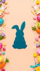 Happy Easter greeting card with white paper cut Easter Bunny isolated background, copy space,  vector illustration