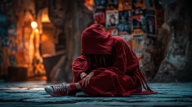 A person, cloaked in deep crimson, sits on a stone surface, hooded, hands clasped. A red sneaker hints at their identity. A warm glow surrounds the setting