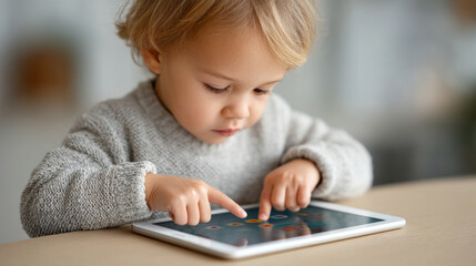 Child engaging with educational digital tablet interface for interactive learning