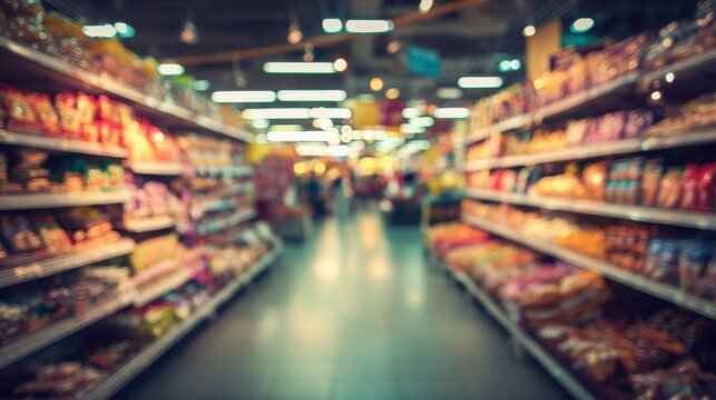 Blurred grocery store aisle with colorful snack shelves and bright lighting.