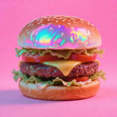 Surreal cheeseburger with holographic bun and glossy textures on a pink background. Creative food concept with futuristic pop art style.