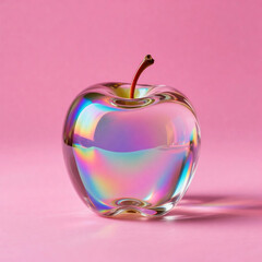 Holographic glass apple with iridescent reflections on a pink background. Minimal modern object symbolizing technology, creativity, and futuristic design.