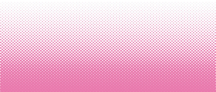 Halftone vector texture of pink gradient geometric hearts. Seamless love pattern with fading. Abstract tech smooth transition for background and backdrop. Gradient mesh with transition. Valentine's Da
